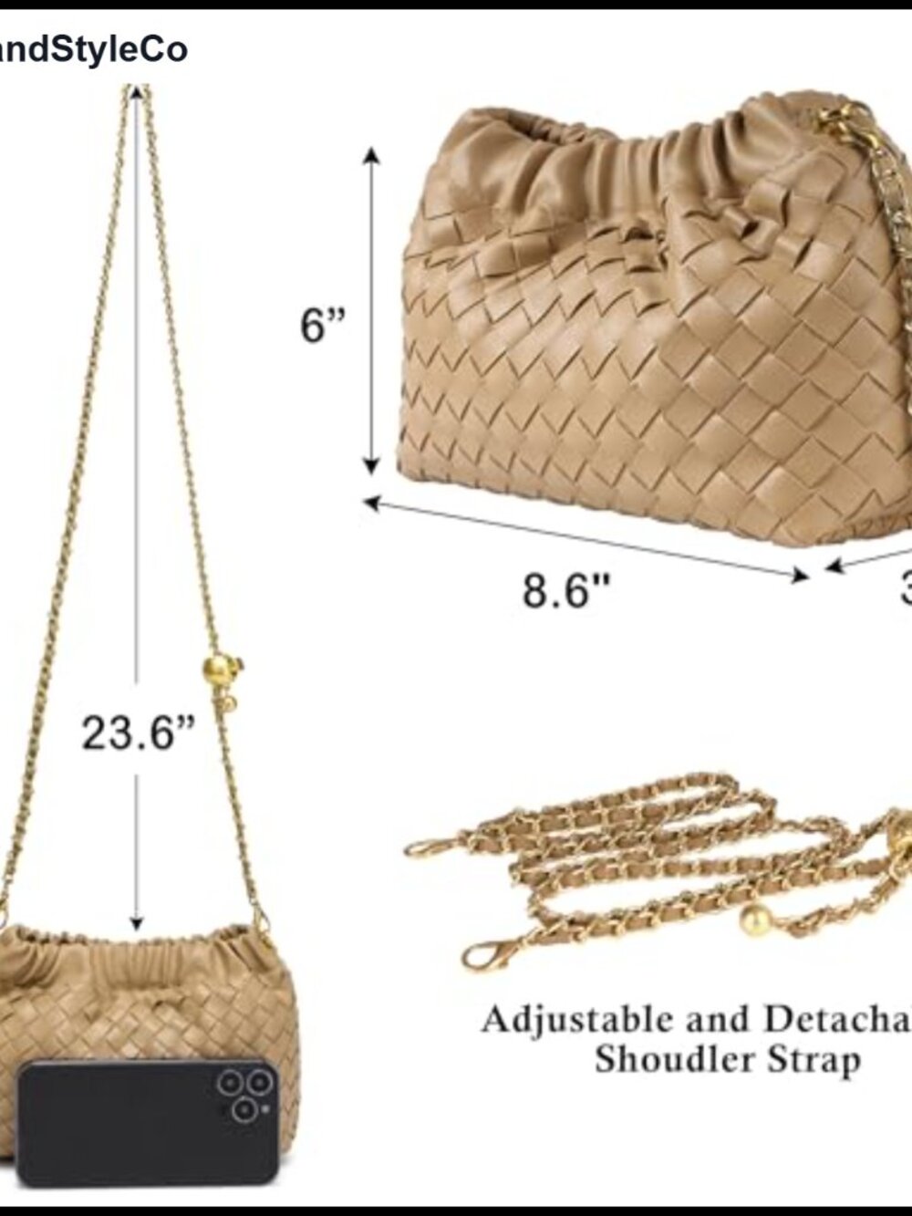 Woven Leather Ruched Crossbody Bag Dumpling Clutch Hobo Purse - Picture 5 of 6